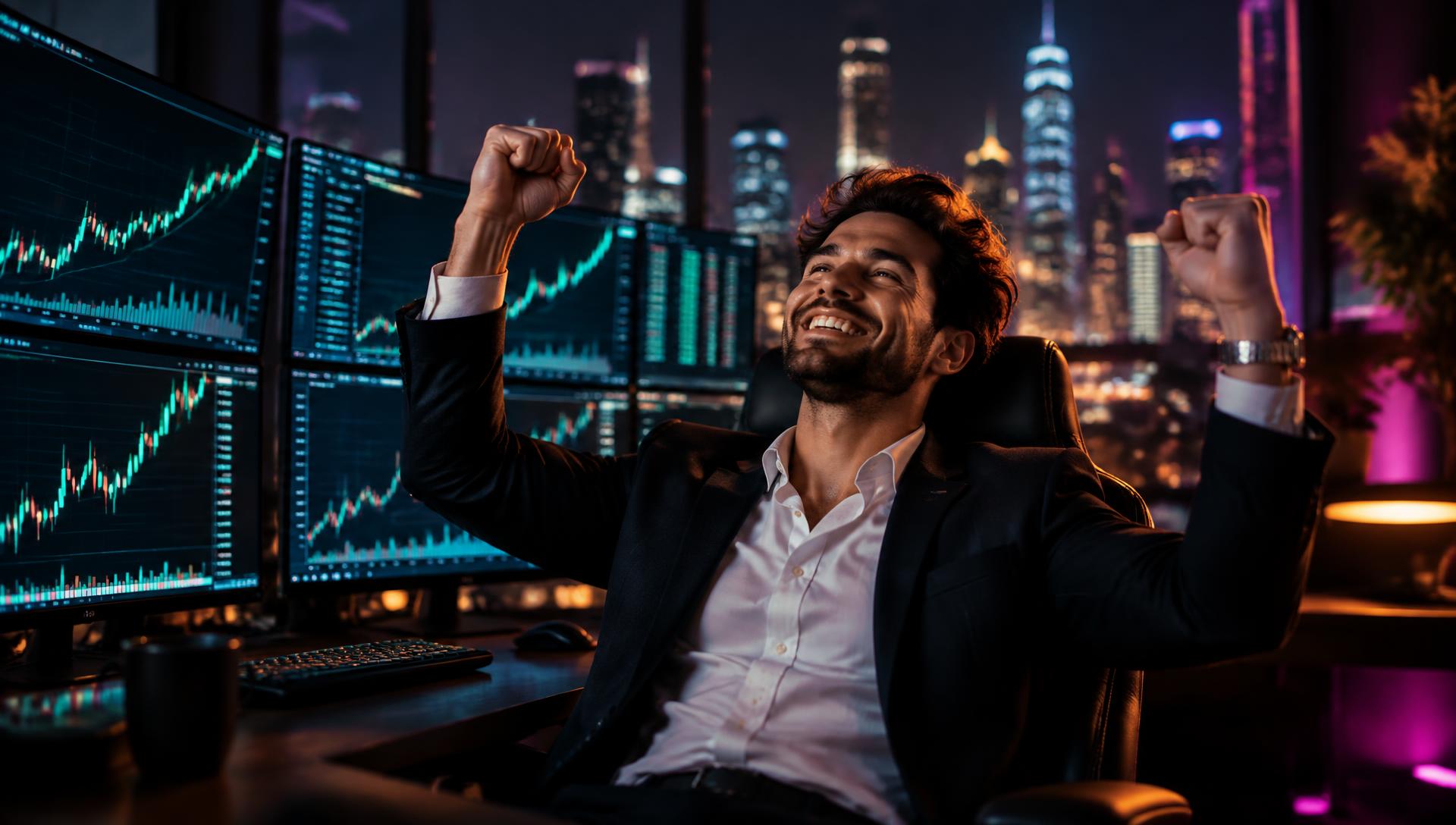A happy trader celebrating at a multi-screen trading desk